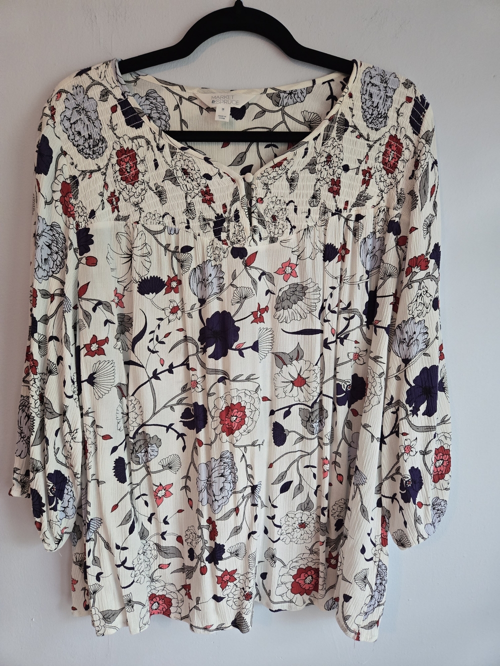Market & Spruce Cream Floral Boho Peasant Blouse with Red & Navy Accents 2X